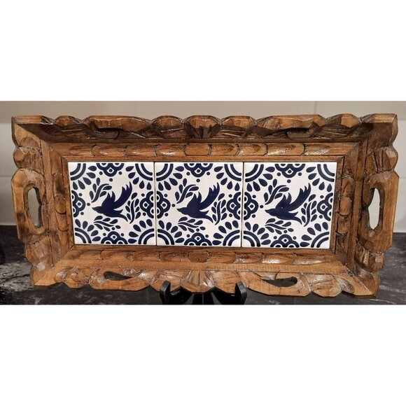 Handcrafted Wooden Tray With Blue & White Ceramic Bird Tiles - Picture 1 of 3